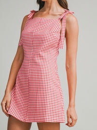Gingham Sleeveless Short Dress With Shoulder Bow Detail