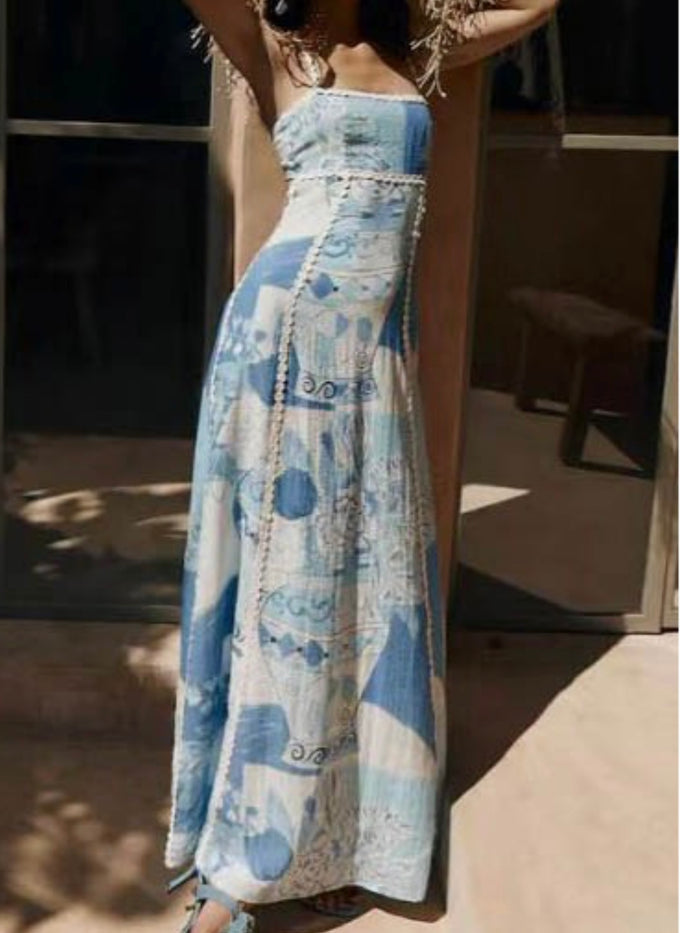 Blue Block Print Maxi Dress