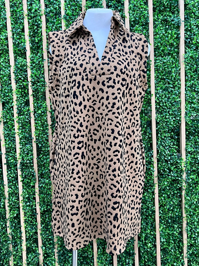 Sleeveless Collared Leopard Short Dress