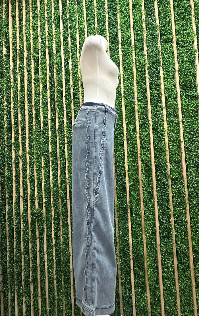 Scalloped Wide Leg Denim Trousers