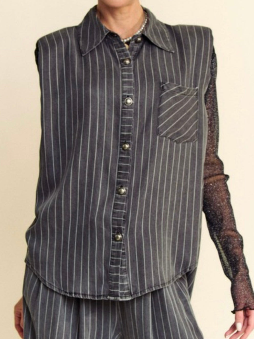 Stripe Muscle Sleeve Denim blouse