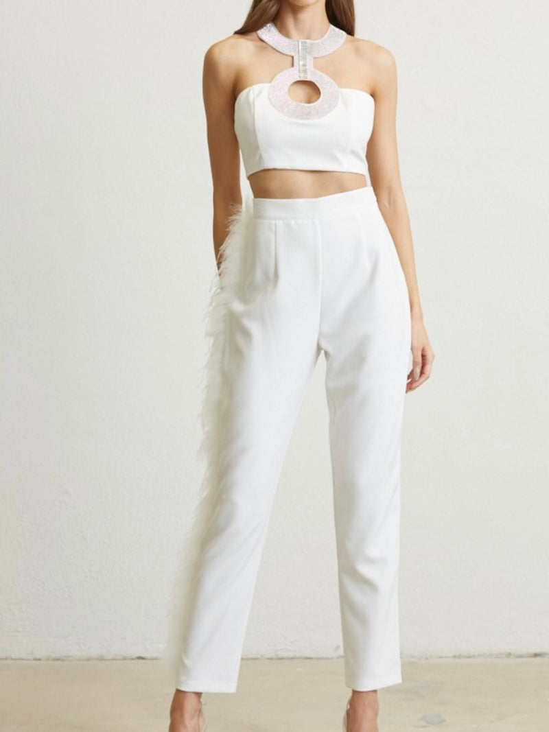 Rhinestone and Feather Detail Pant Set