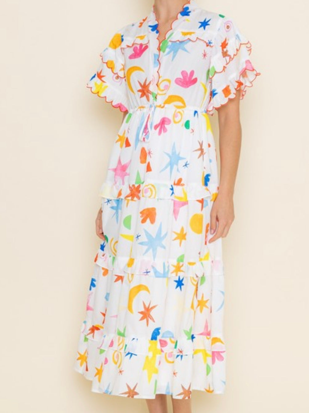 Fun Print Ruffle Sleeve Midi Dress