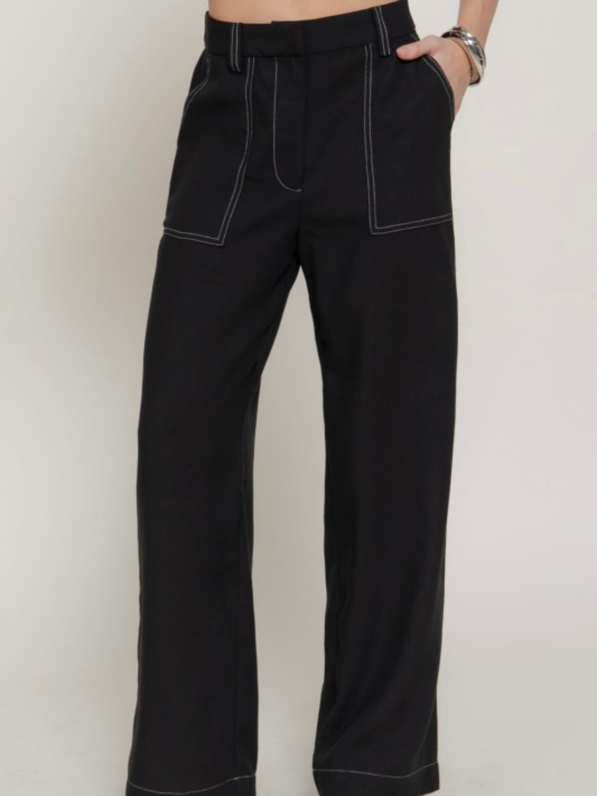 Black Contrast Stitch Wide-Leg Pants
