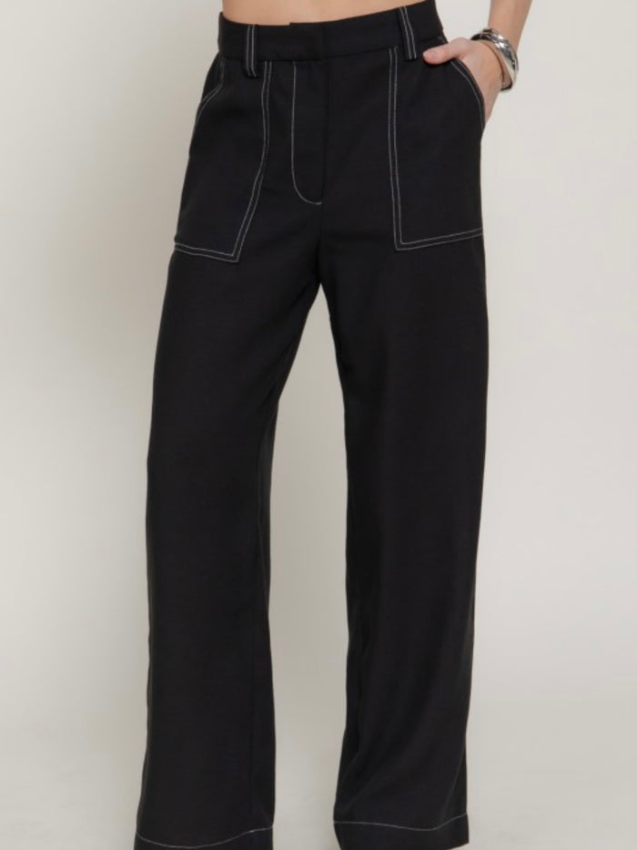Black Contrast Stitch Wide-Leg Pants