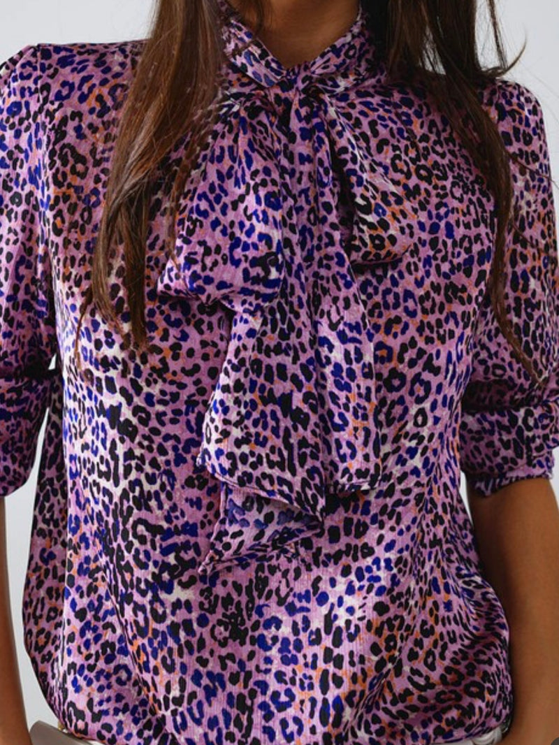 Purple Animal Print Neck Tie Blouse