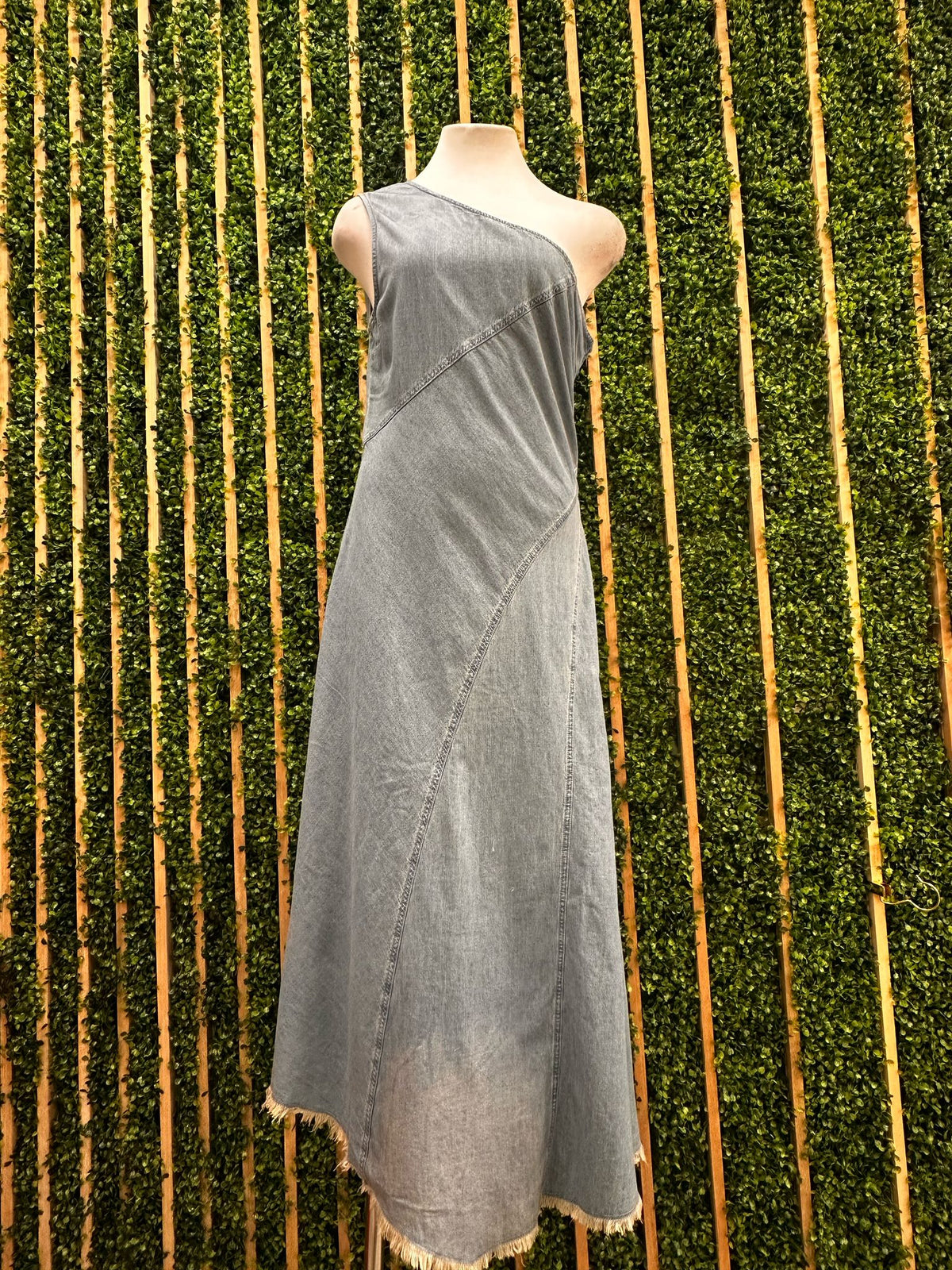 Light Denim Raw Hem One Shoulder Midi Dress