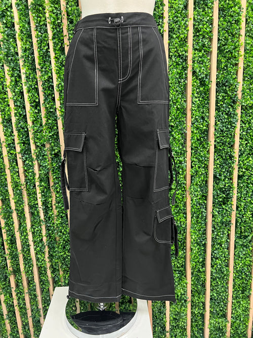 Black High Waisted Strap Detail Cargo Pant