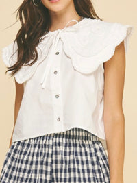 White Ruffle EMbroidered Peter Pan Collar Blouse