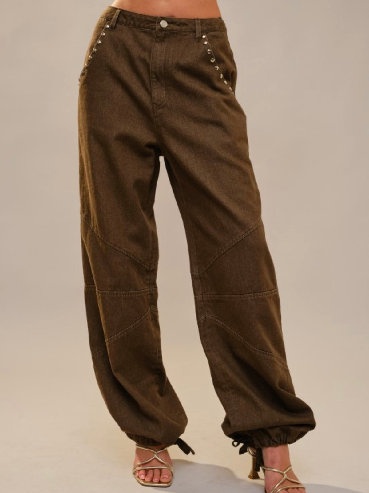 Brown Studded Drawstring Hem Jogger