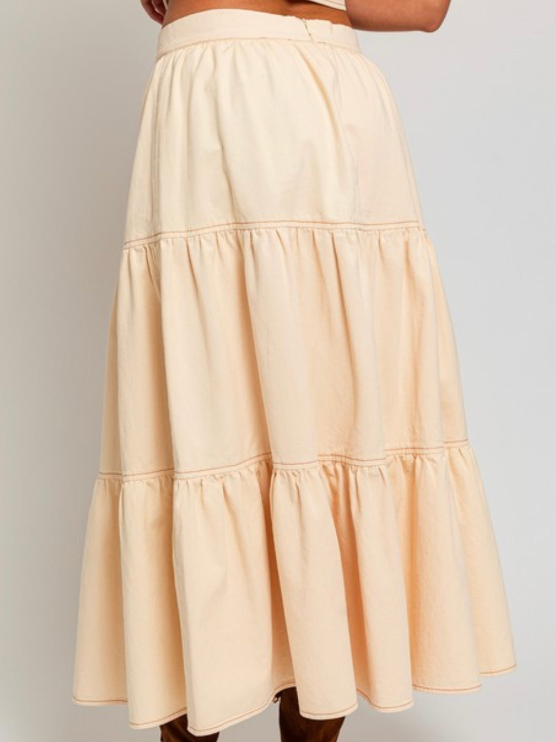 Cream Tiered Denim Midi Skirt
