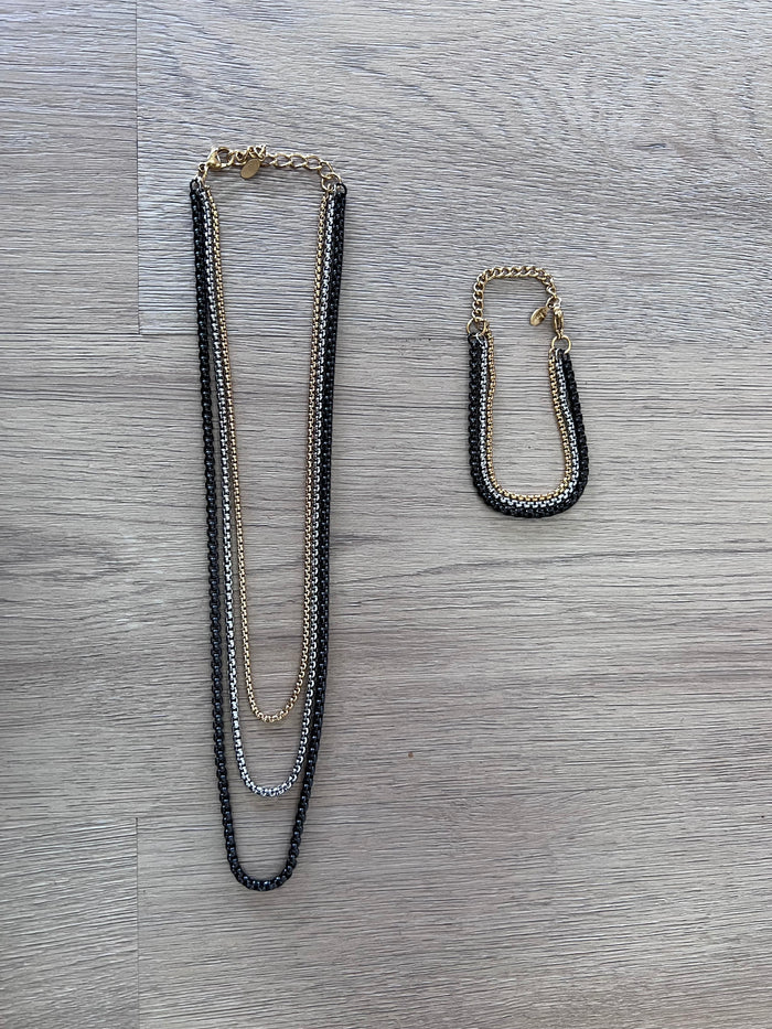 SS Tricolor Layered Necklace and Bracelet Set