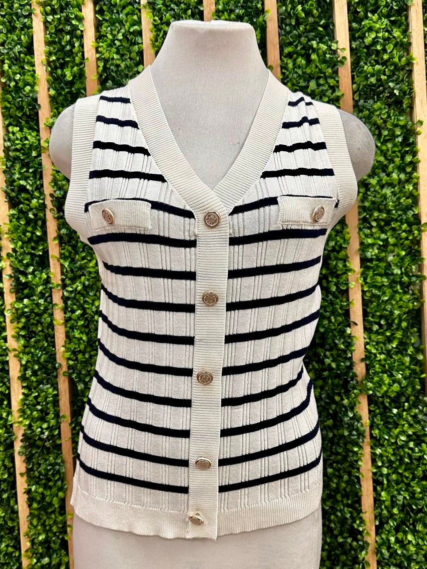 Ivory Navy Knit Gold Button Top