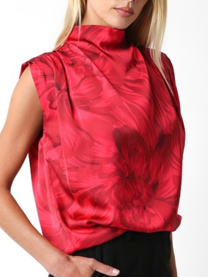 Red Floral Satin Cowl Neck Blouse