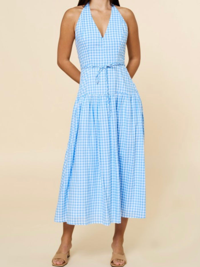 Light Blue Plaid Halter Neck Maxi Dress