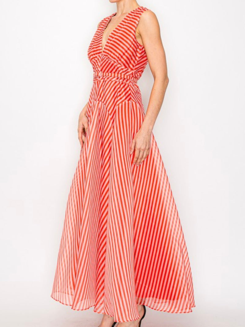 Beautiful Red Striped V Neck Midi Dress