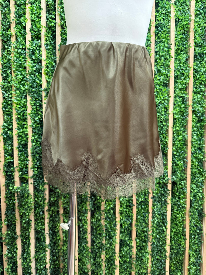 Olive Satin Lace Trim Elastic Waist Mini Skirt