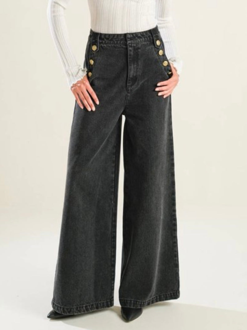 Button Detail Wide LEg Denim Pants