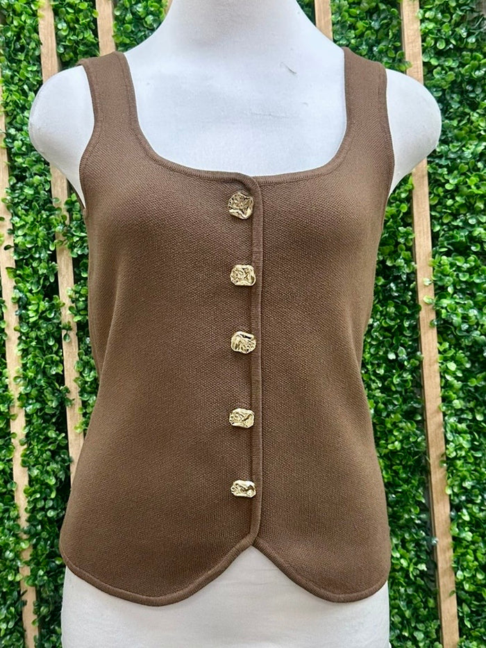 Brown Button Detail Scoop Knit Vest