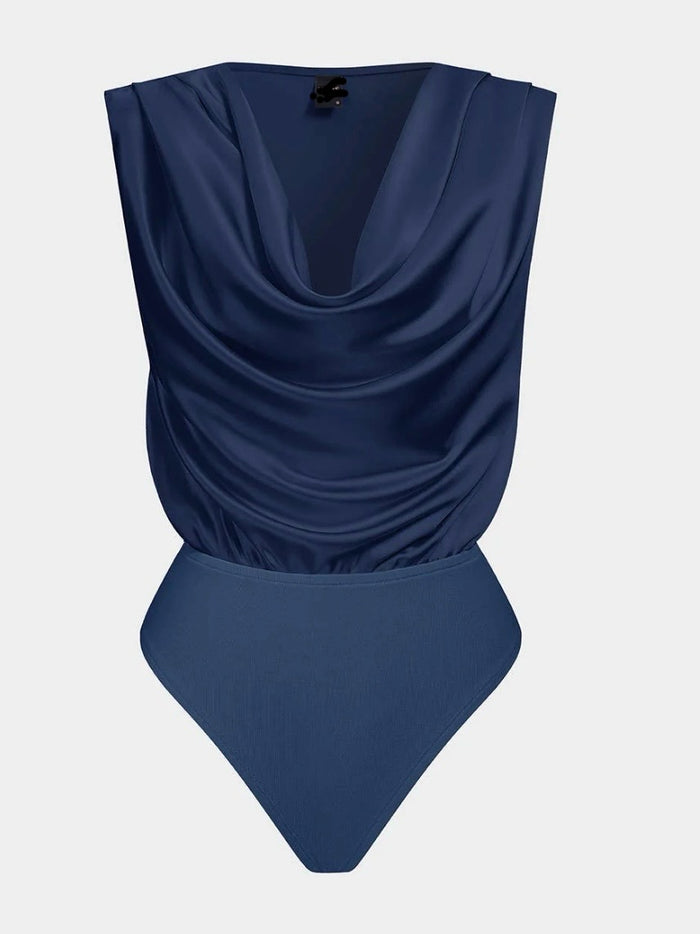 Navy Satin Cowl Neck Sleeveless Bodysuit