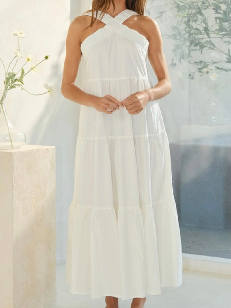 White Halter Cross Neck Maxi Dress