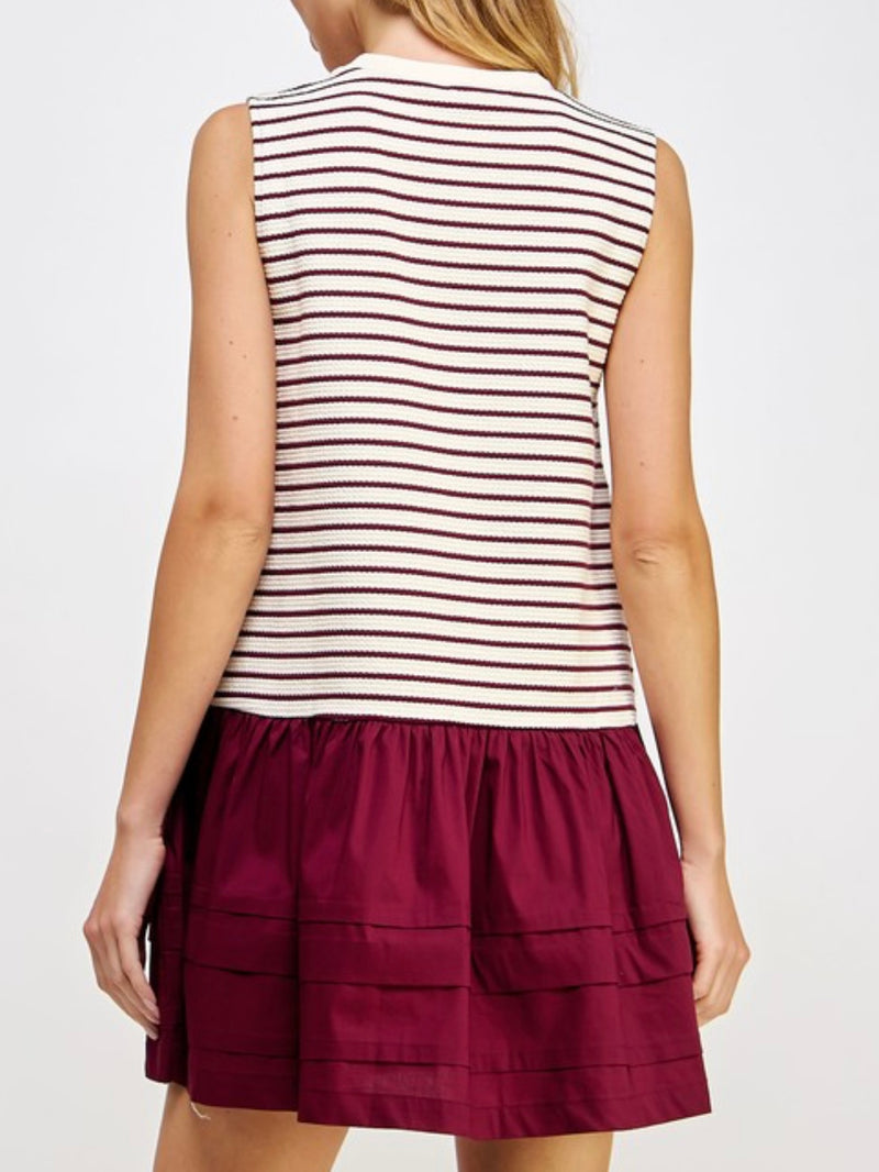 Burgundy Stripe Drop Waist Short Dress