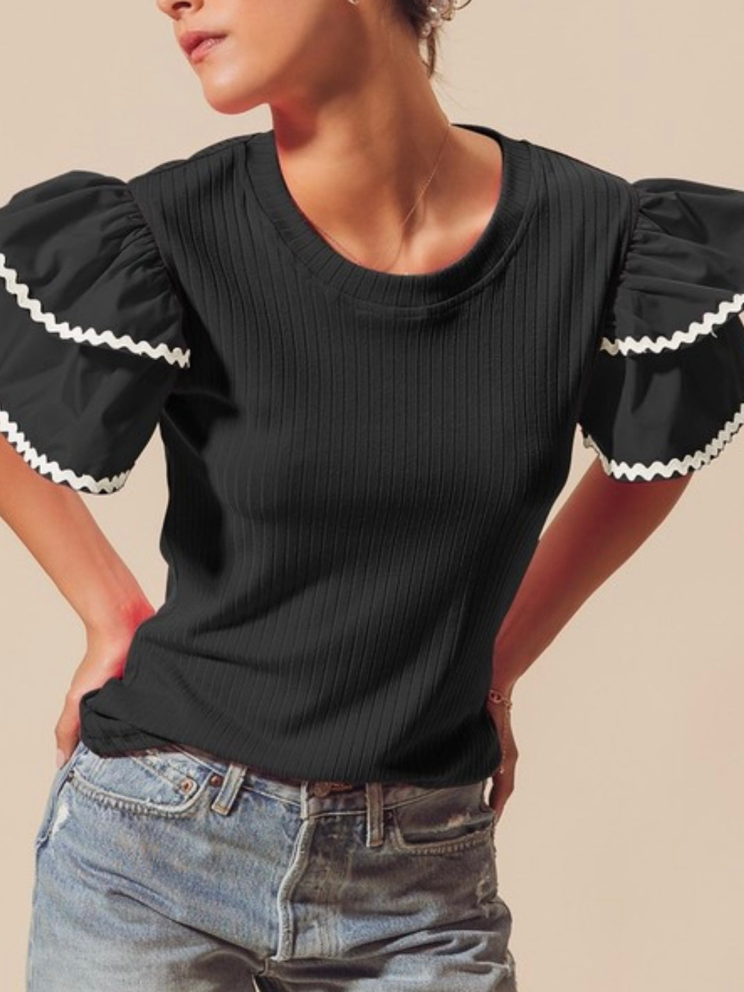 Black White Ric Rac Trim Angel Sleeve Blouse