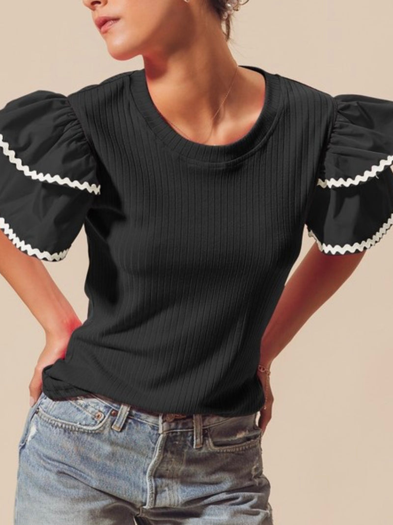 Black White Ric Rac Trim Angel Sleeve Blouse