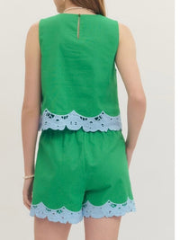 Green Lace Detail Sleeveless Crop Blouse
