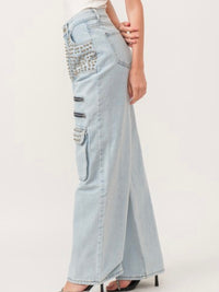 Light Denim Studded Cargo Pant