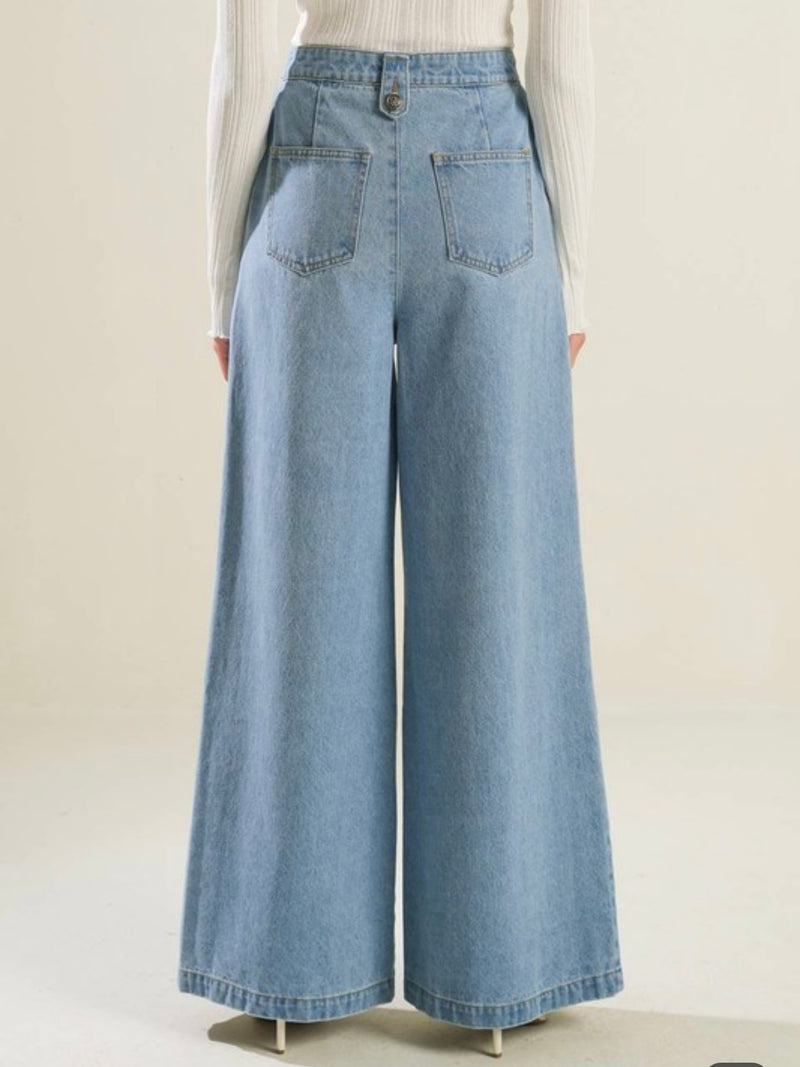 Button Detail Wide LEg Denim Pants