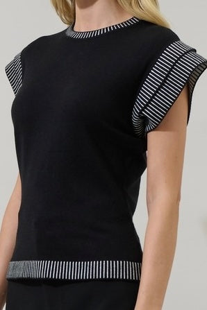 White Contrast Black Cap Sleeve Knit Top