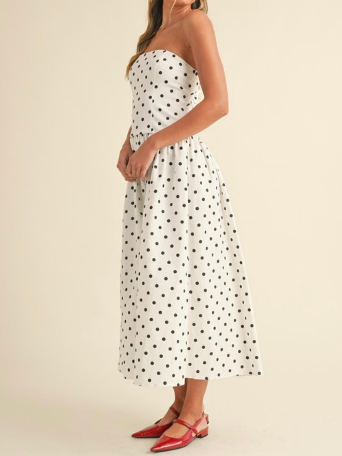 Strapless Polka Dot Drop Waist Midi Dress