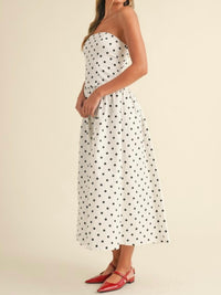Strapless Polka Dot Drop Waist Midi Dress