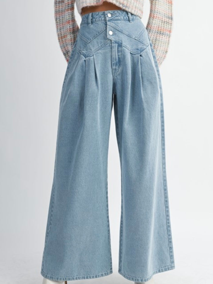 Pin Tuck Wide Leg Denim Pant