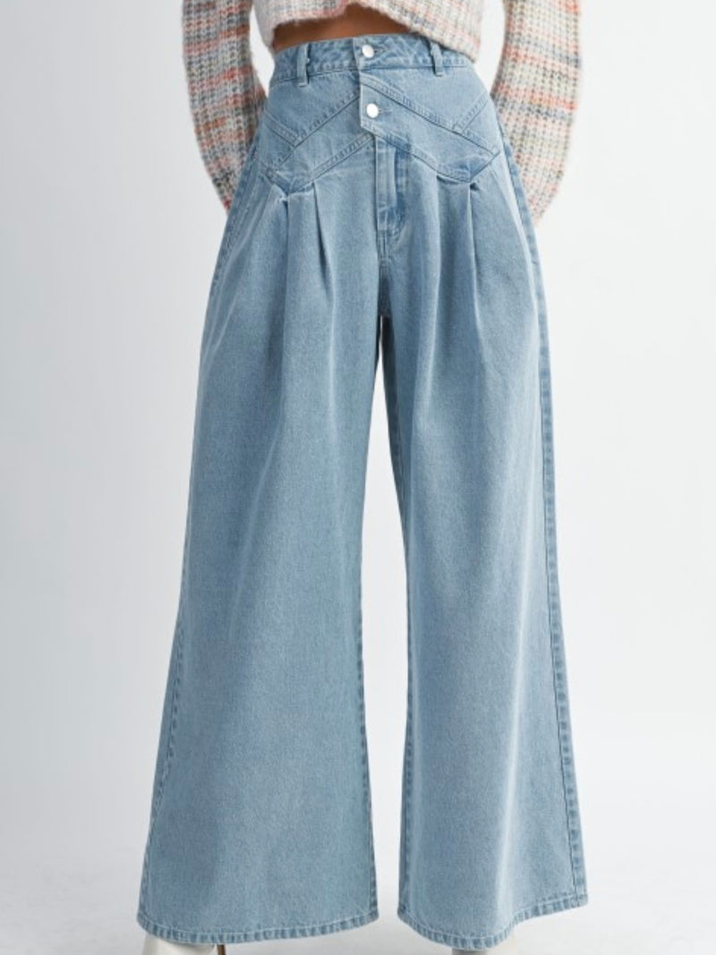 Pin Tuck Wide Leg Denim Pant
