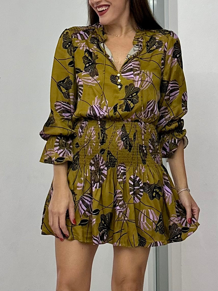 Floral Olive V Neck Smock Waist Short Dress