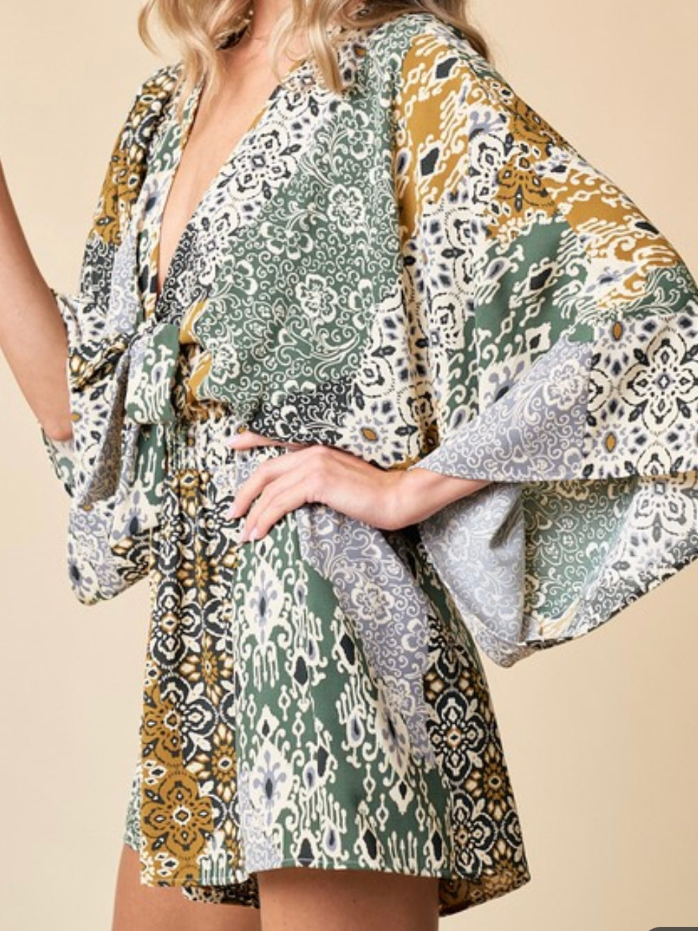 Green Print Batwig Sleeve Romper
