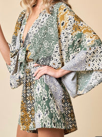 Green Print Batwig Sleeve Romper