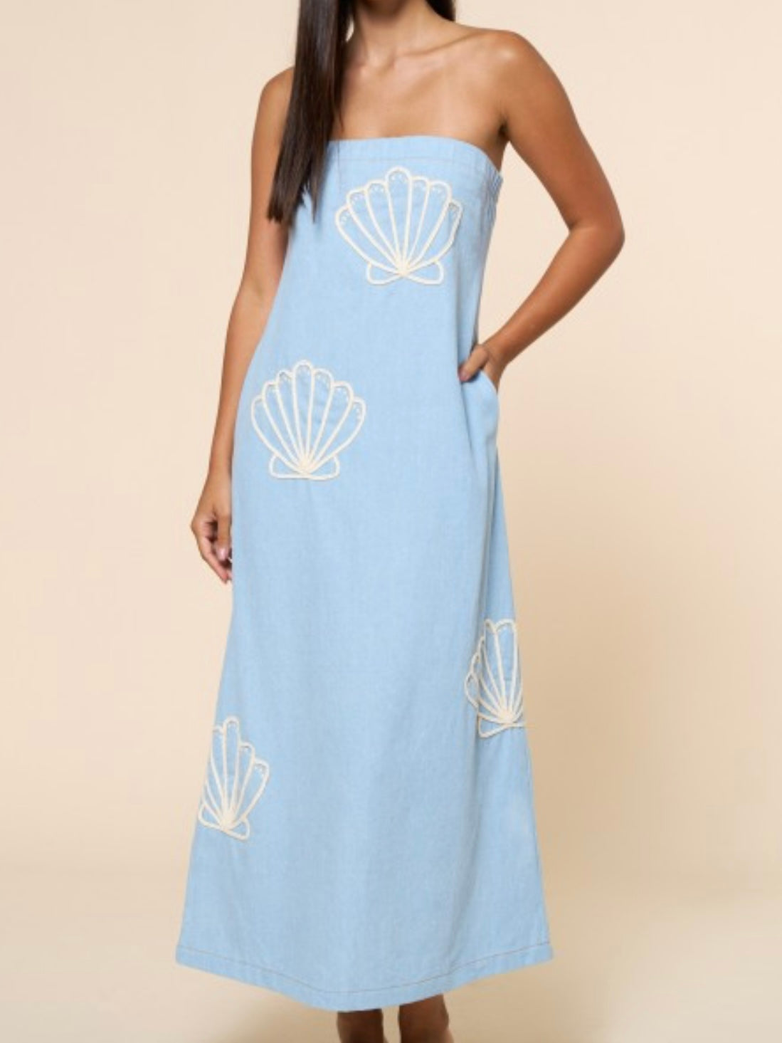 Blue Seashell Strapless Maxi Dress