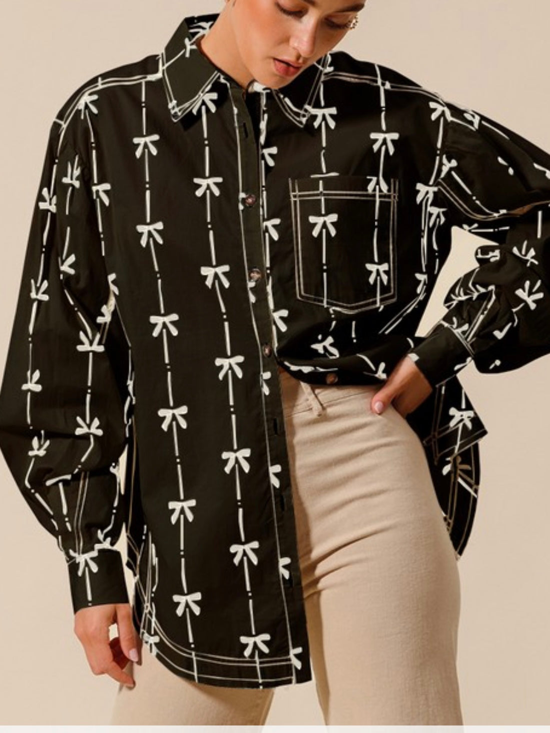 Bow Print Button Down Blouse