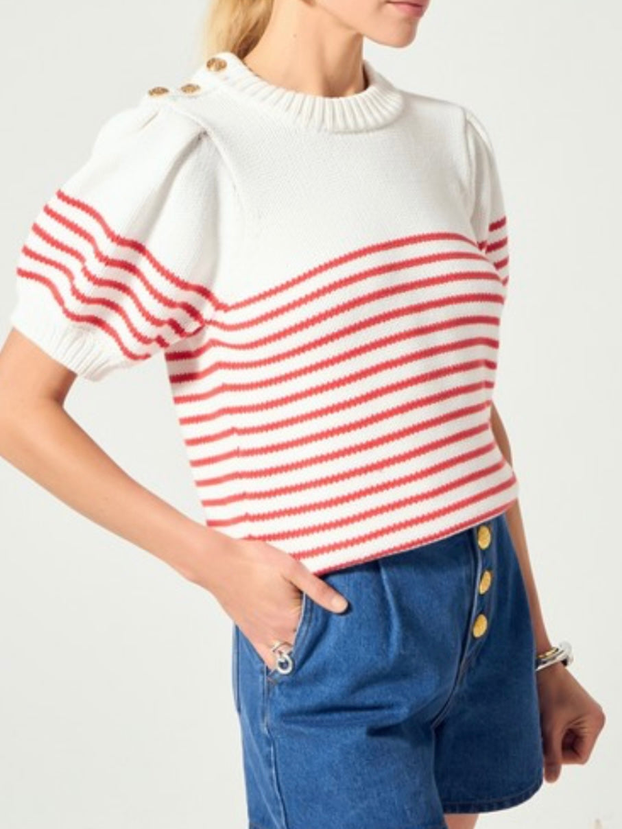 Button Detail Off White Red Stripe Blouse