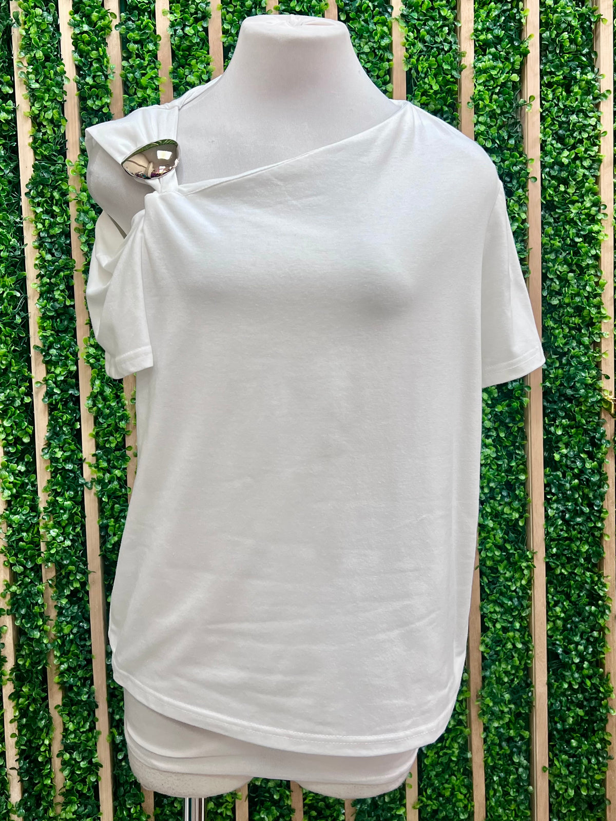 Silver Button Detail Cutout Shoulder Shirt