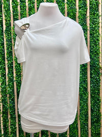 Silver Button Detail Cutout Shoulder Shirt