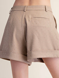 Rhinestone Cuffed Pleated Trouser Shorts