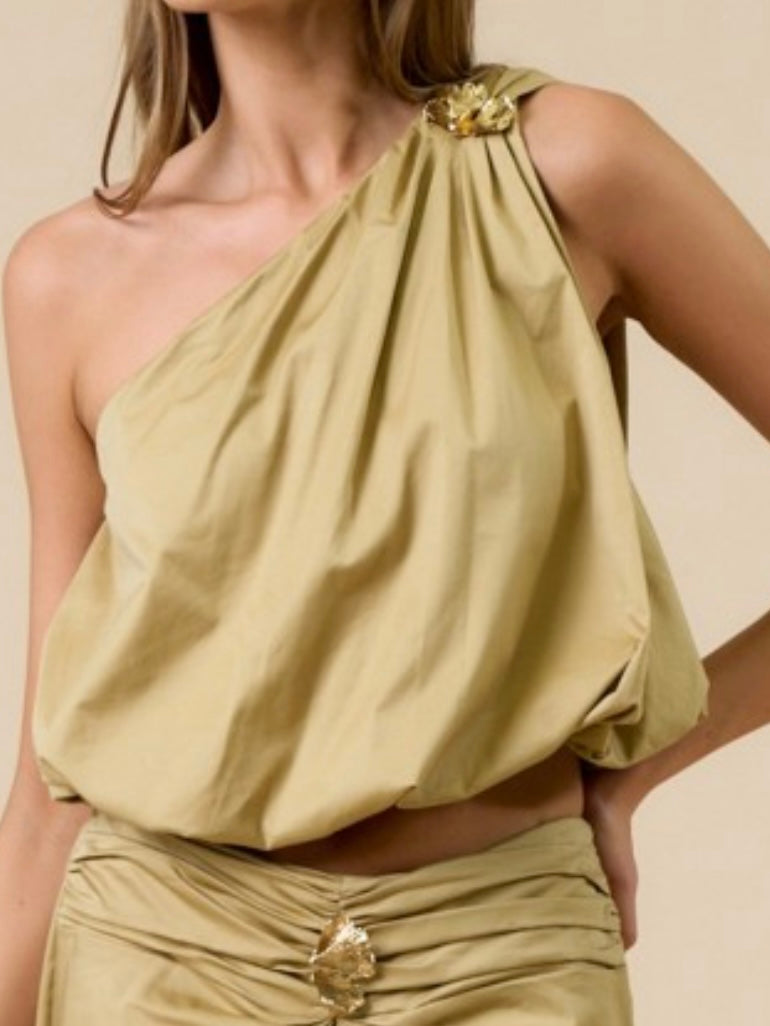 Sand Gold floral Detail one Shoulder Bubble top