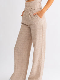 Taupe Textured Belted High Waist Pant
