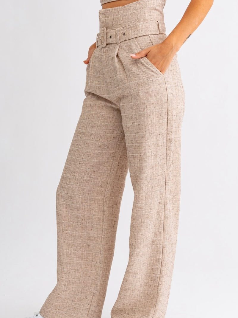 Taupe Textured Belted High Waist Pant