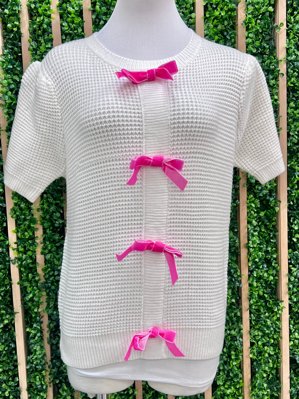 White Pink Bow Detail Short Sleeve Knit Top