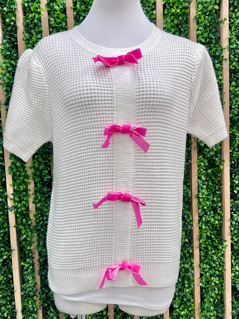 White Pink Bow Detail Short Sleeve Knit Top